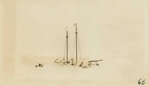 Image: Bowdoin in winter quarters with Wiscasset flag